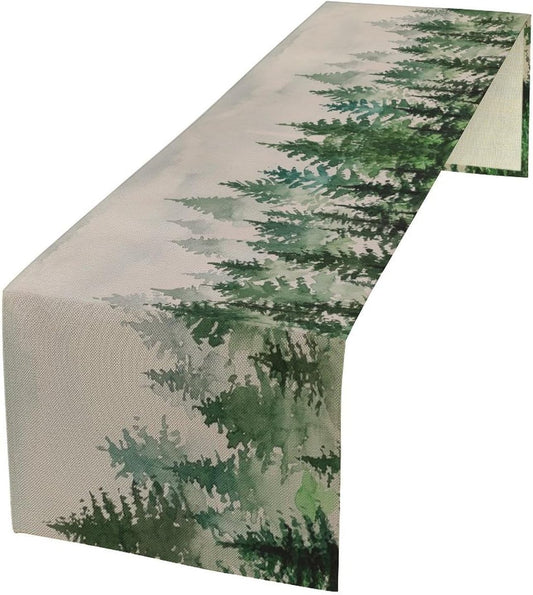 Foggy Forest Table Runner,Green Forest Natural Landscape Table Runner for Kitchen Dining Table Home Party Decoration 13x36 Inch