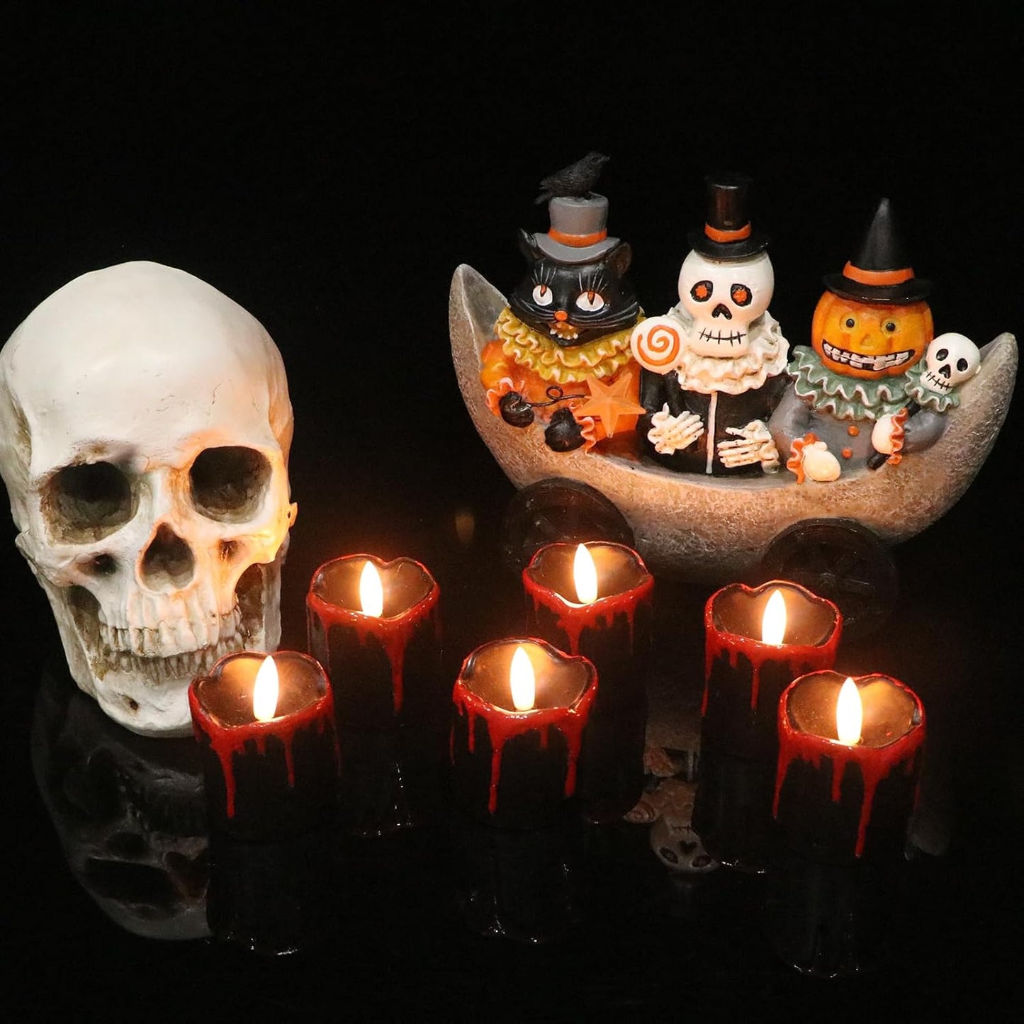 Halloween Black Votive Candles Battery Operated with Long Lasting CR2450 Batteries, LED Flameless Flickering Candles with 6H Timer, 6Pcs Black and Red Drip Wax Candle Gothic Home Decor