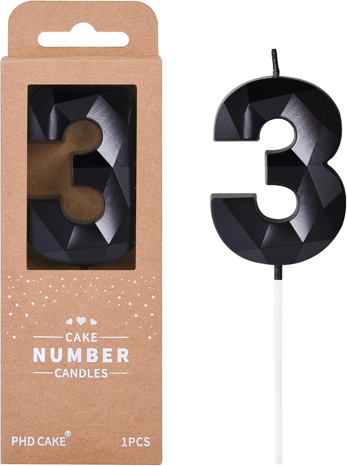PHD CAKE 2.76 Inch Crystal Black 3 Number Birthday Candles, Red Number Candles, Cake Number Candles, Party Celebration