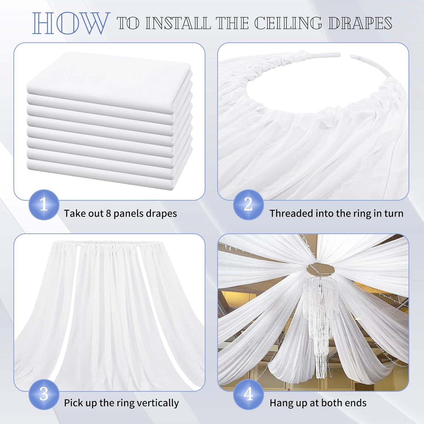 8 Panels White Ceiling Drapes for Wedding 5ftx40ft Sheer Drapery Chiffon Fabric Arch Draping Curtains for Party Ceremony Birthday Baby Shower Reception Stage Ceiling Decorations