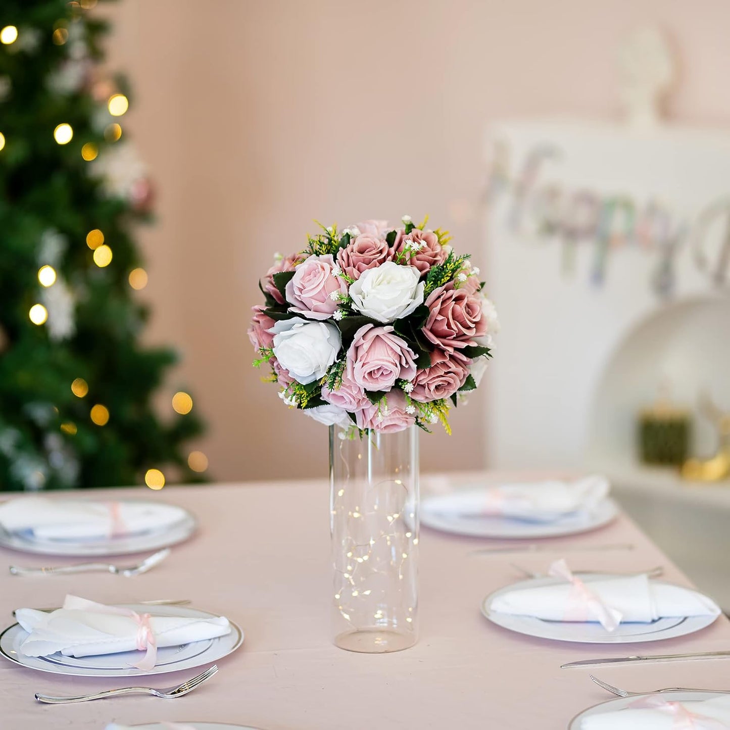 BLOSMON Dusty Rose Flowers Decoration: 2 Pcs Pink Artificial Flowers Balls for Wedding Dinning Table Centerpieces - Fake Silk Kissing Floral Arrangement for Home Party Event