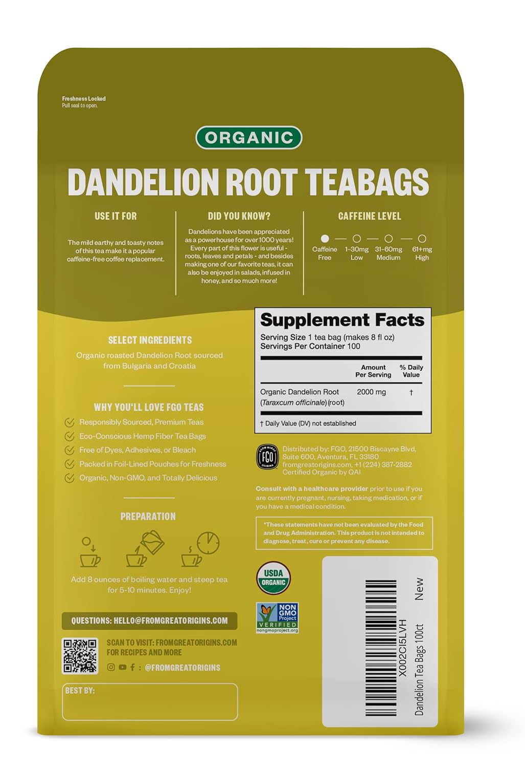 FGO Organic Roasted Dandelion Root Tea, 100 Count, Eco-Conscious Tea Bags, Resealable Bag, Caffeine Free, Packaging May Vary (Pack of 1)
