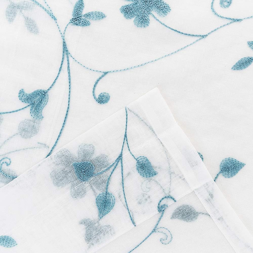 Floral Embroidery Sheer Curtains Blue 63 Inches, Rod Pocket Voile Drapes for Living room, Bedroom, Window Treatments Semi Crinkle Curtain Panels for Yard, Patio, Villa, Parlor, Set of 2, 52"x 63".