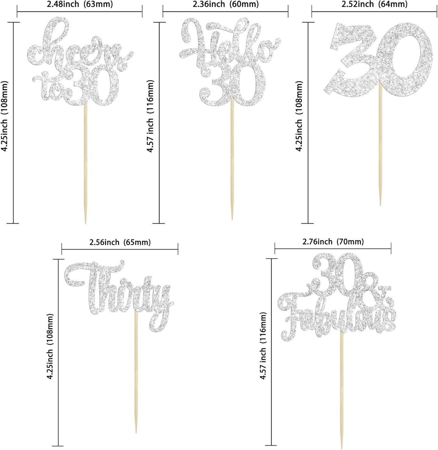 30Pcs Happy 30th Birthday Cupcake Toppers Silver Glitter Thirty Cheers to 30 Birthday Cupcake Picks for Happy 30th Birthday Anniversary Party Cake Decorations Supplies