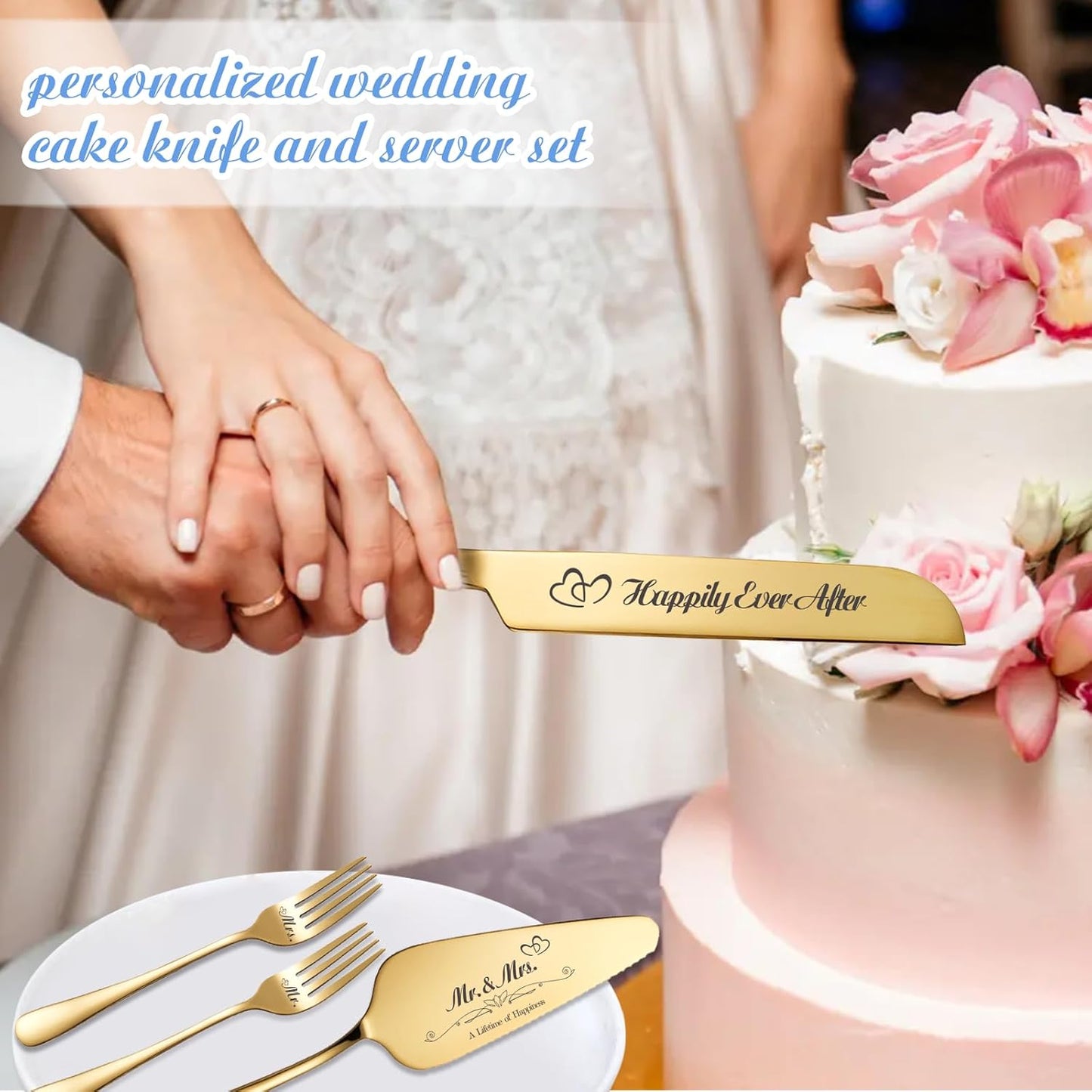 Personalized Wedding Cake Knife and Server Set, Wedding Gold Cake Cutting Set with Stainless Steel Forks, Customized Bridal Anniversary Birthday Wedding Registry Gifts for Couple (Non-customized)