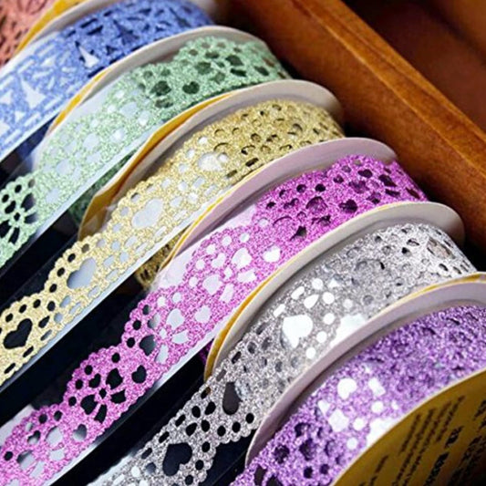 SallyFashion Washi Tape for Scrapbooking, 6 Roll Lace Pattern Glitter Tape in 6 Colors for Journaling, DIY Craft Projects, Card Making