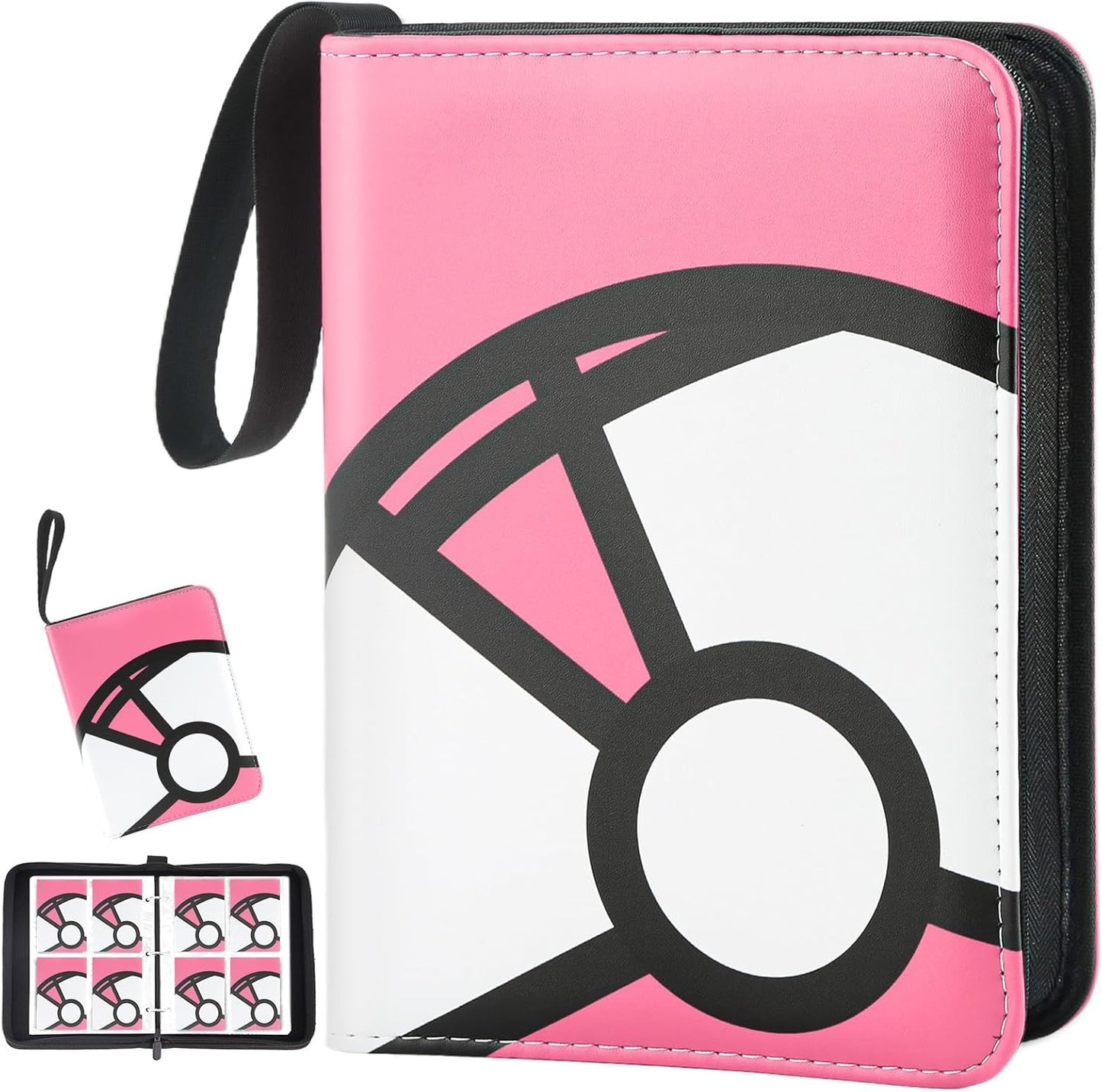 Trading Card Binder 4-Pockets, 400 Pockets Card Holder with 50 Removable Sleeves, Large Capacity & Waterproof Zipper Album Holder for Trading Card Collector，Portable Card Album Book for Card-Pink