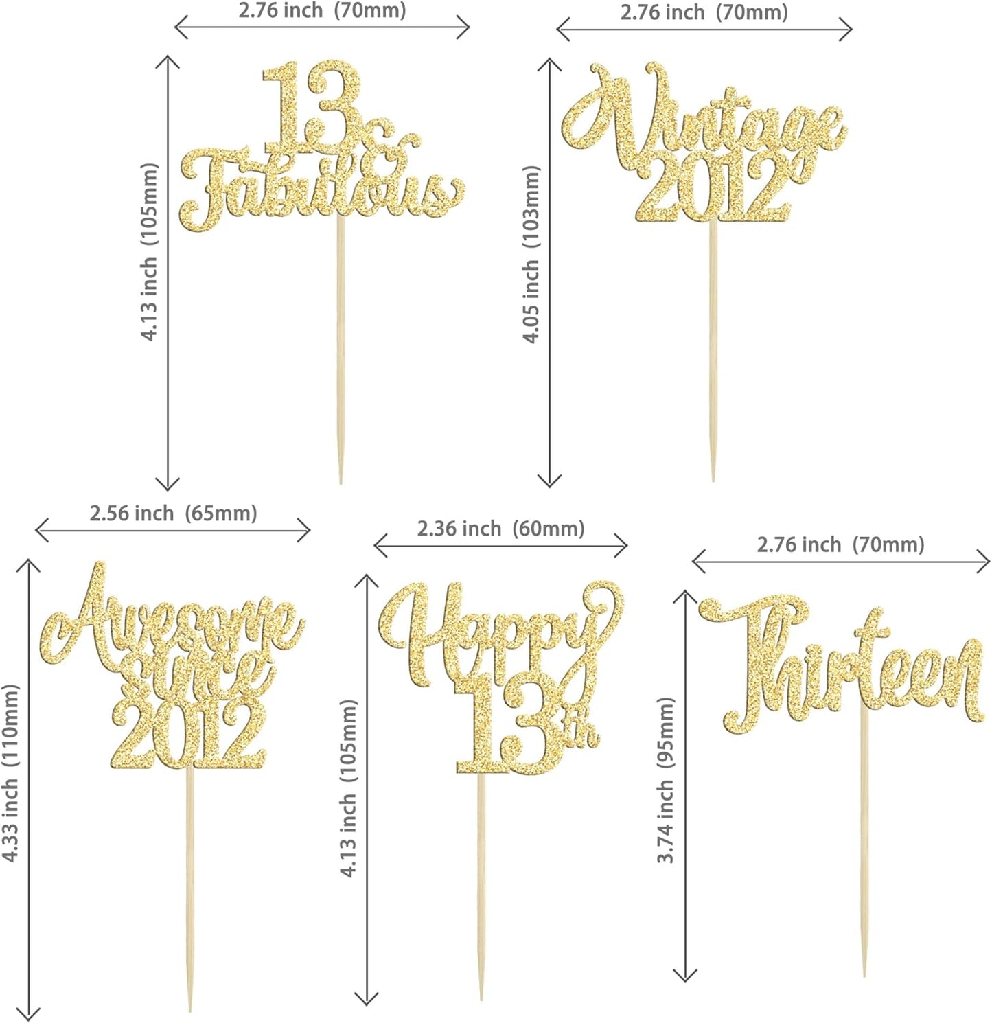 30Pcs Vintage 2012 Cupcake Toppers Glitter Thirteen Happy 13th Birthday 13 Fabulous Cupcake Picks Cheers to 13 Years for 13th Birthday Wedding Anniversary Party Cake Decorations Supplies Gold