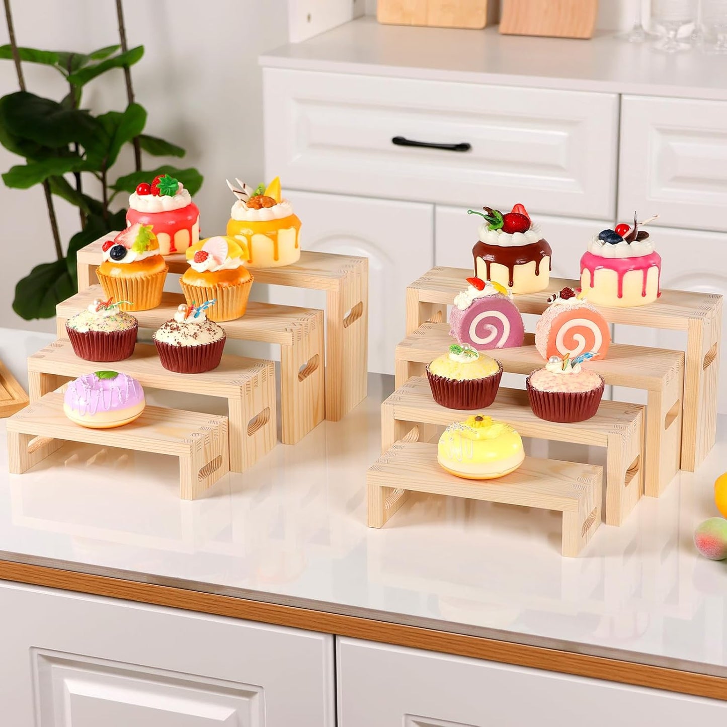 8 Pcs Wood Risers Display Stands, 2 Set Wooden Risers for Table Display, 4 Tier Rectangular Riser Display Stand Wooden for Cupcake, Desserts, Perfume, Collections, Jewelry Showcase (Nature)