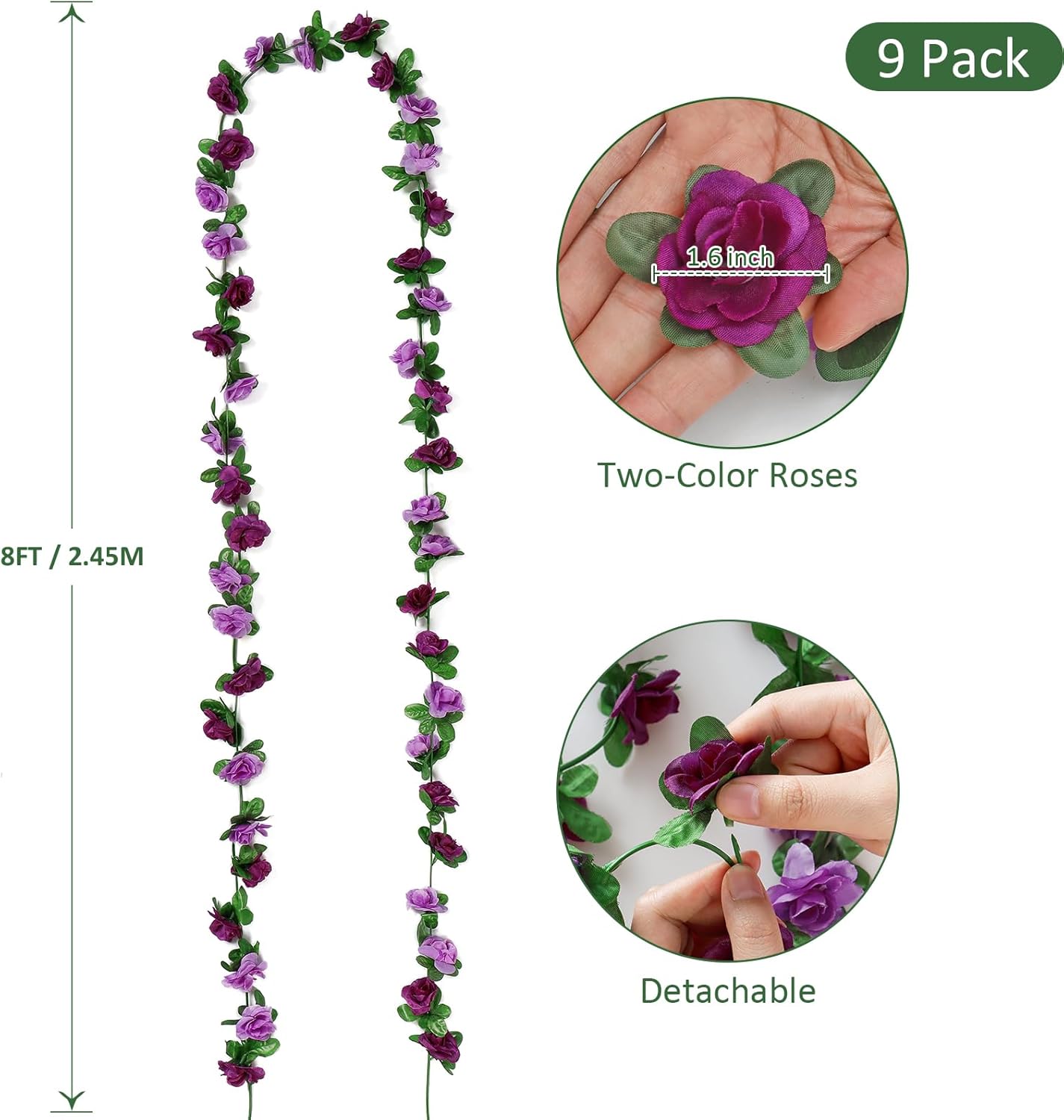 KHOYIME 9 Pack 72 FT Artificial Flower Garland, Fake Purple Roses Vines Silk Flowers Faux Plastic Outdoor Hanging Floral Ivy Garland Decoration for Wedding Arch Bedroom Home Wall Backdrop Room Decor