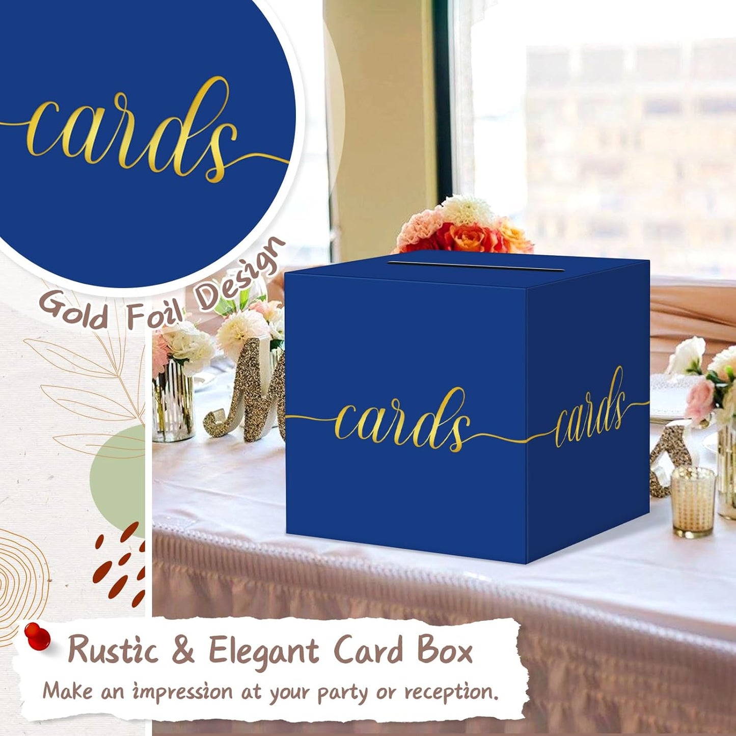 QIKSION Blue Graduation Card Box, Gold Foil Gift Card Box for Party, Graduation, Wedding Reception, Birthday, Baby Shower, Raffle