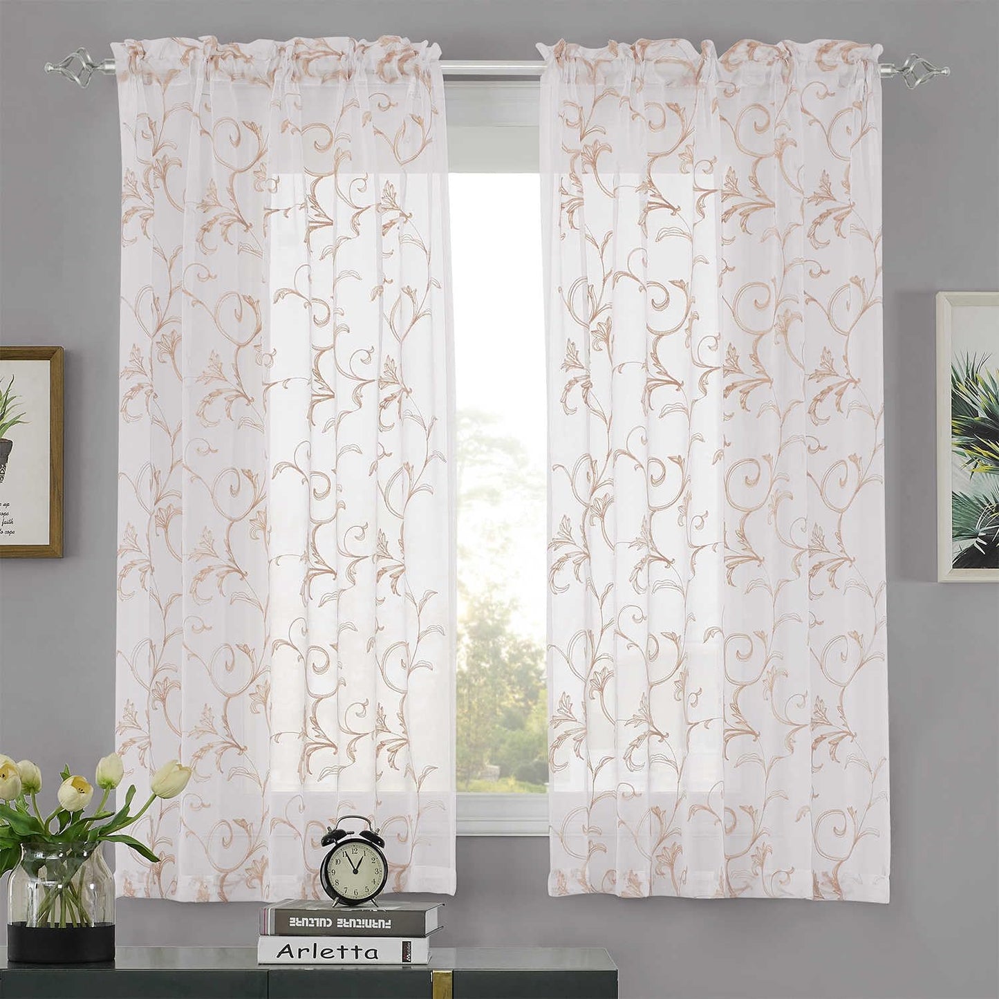 MYSTIC-HOME Sheer Curtains White 63 Inches, Boho Curtains for Bedroom Rod Pocket Farmhouse Drapes with Floral Patterned for Living Room, Embroidery Panels Vintage Country Curtains Set of 2, 52"x 63".