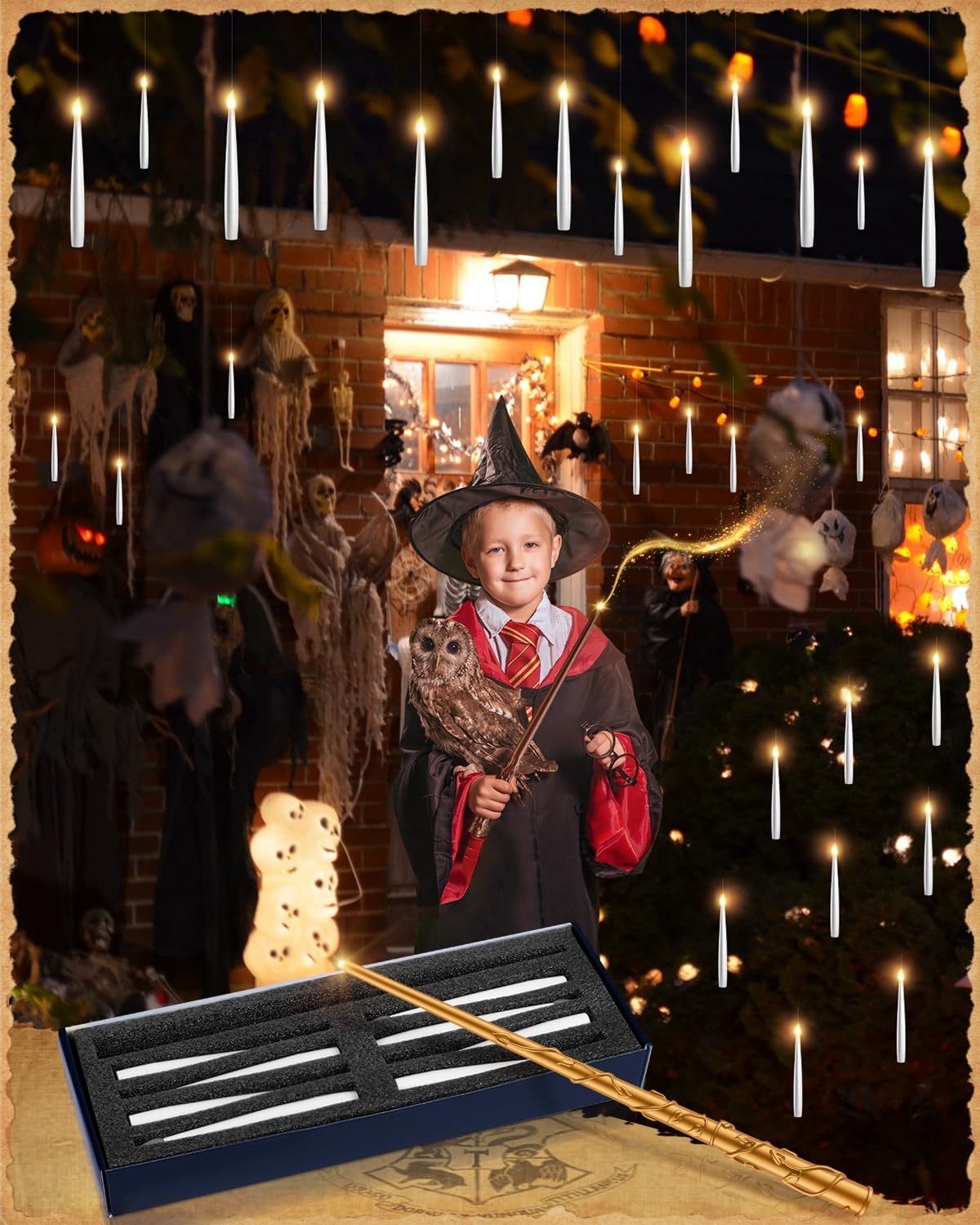 Floating Candles with 2 Wand - 24 Pack Halloween Decorations Magic Flameless Candles Flickering Warm Light LED Hanging Candle Remote, Operated Candles for Christmas Outdoor Indoor Party Decor