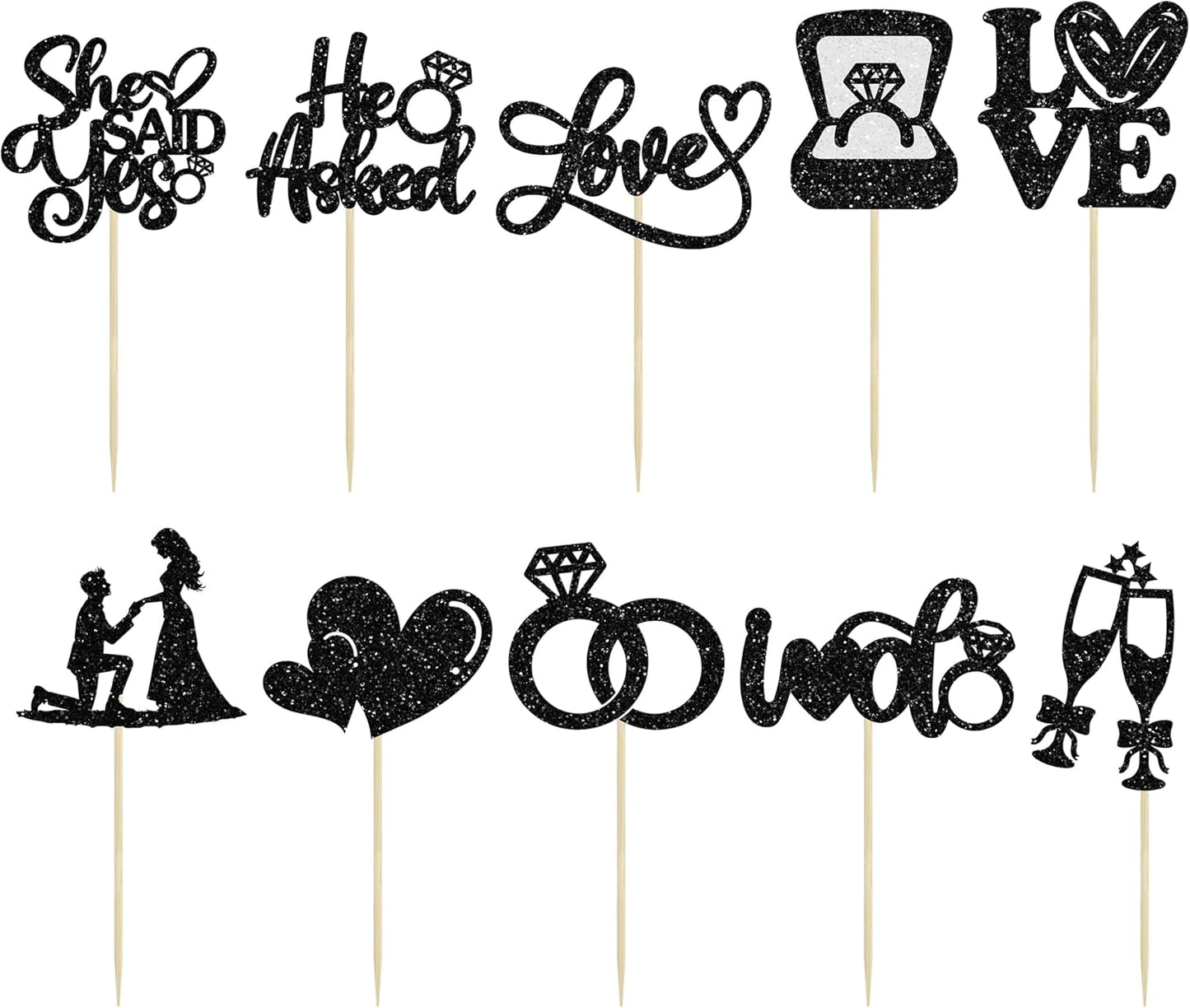 Ephlyn 30Pcs He Asked She Said Yes Cupcake Toppers Glitter Engagement Cupcake Toppers Diamond Ring Heart Love I Do Cupcake Picks for Engagement Wedding Party Cake Decorations Black