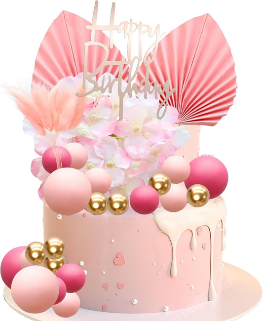 Gyufise 29Pcs Rose Red Artificial Flower Cake Decorations Acrylic Happy Birthday Cake Topper Balloon Cake Toppers Palm Fan Cake Picks for DIY Wedding Birthday Valentine's Day Party Supplies