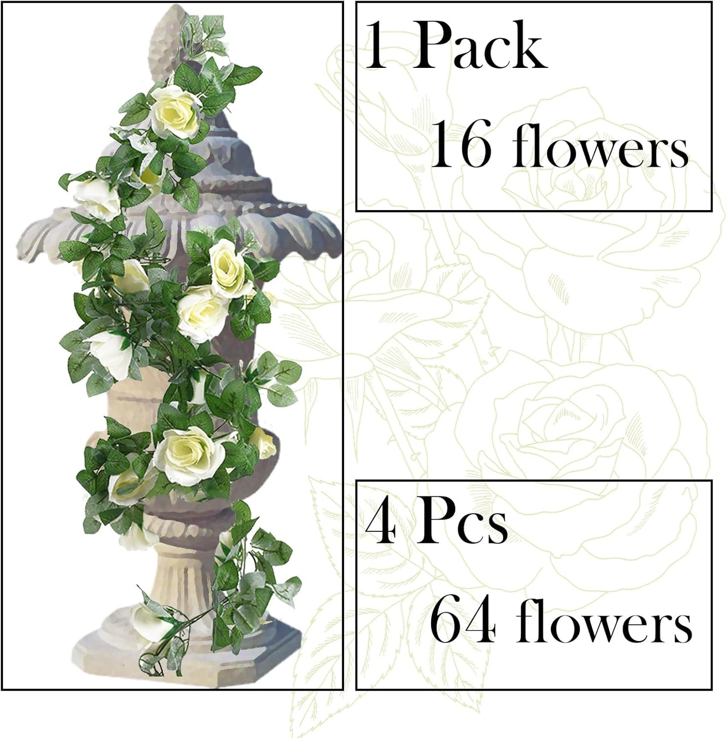 4 Pack Artificial Rose Vine Garland Fake Roses Flowers Plants Vines Hanging Floral Leaves Decoration for Wedding Party Table Garden Arch Wall Home Room Decor(White)