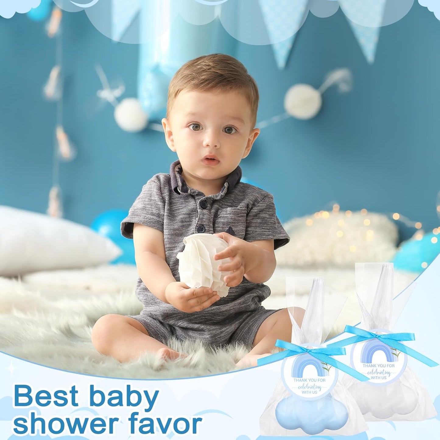 Demissle 20 Pcs Cloud Baby Shower Soap Favors Mini Handmade Soap Gifts with Thank You Card for Guests Christmas Party Wedding Return Gifts Bridal Shower Decorations (White,Blue)
