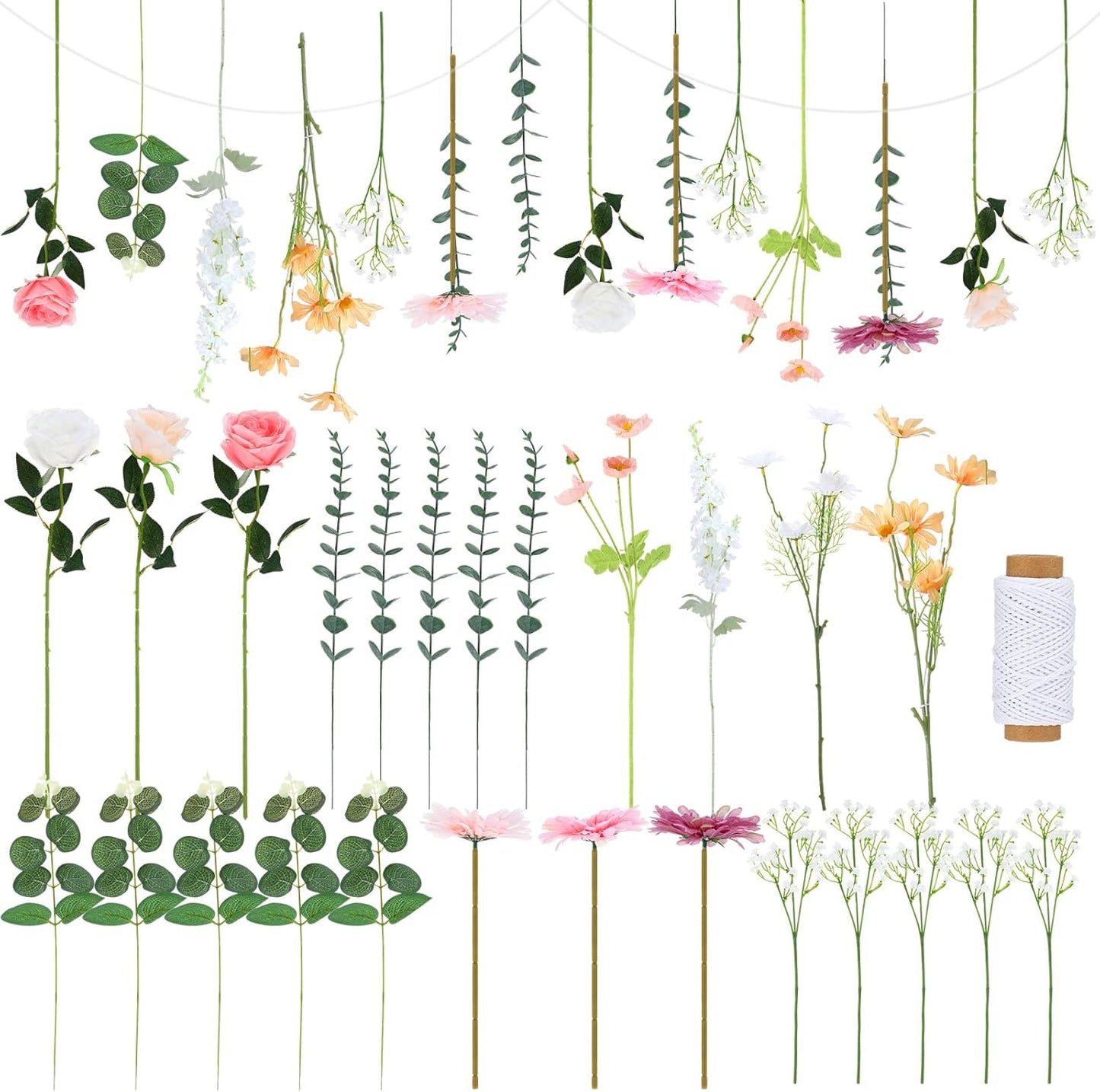 Hoteam 26 Pcs DIY Flower Garland Artificial Hanging Wildflower Backdrop Set Fake Rose Eucalyptus Daisy Poppy Wild Flower Decor for Wedding Party Birthday Home Garden (White,Champagne,Pink)