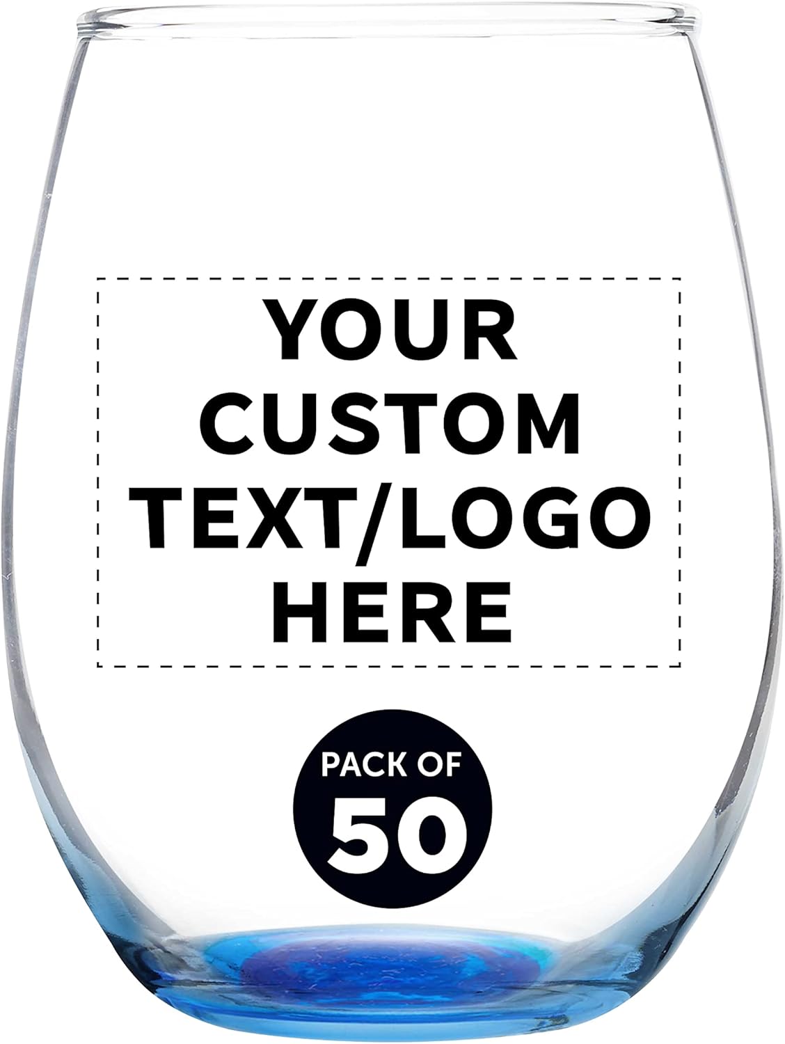 Custom Stemless Wine Glass 9 oz. Set of 50, Personalized Bulk Pack - Great for Wedding Favors, Bachelorette Party Decorations, Party Favors, Color Bottom - Blue