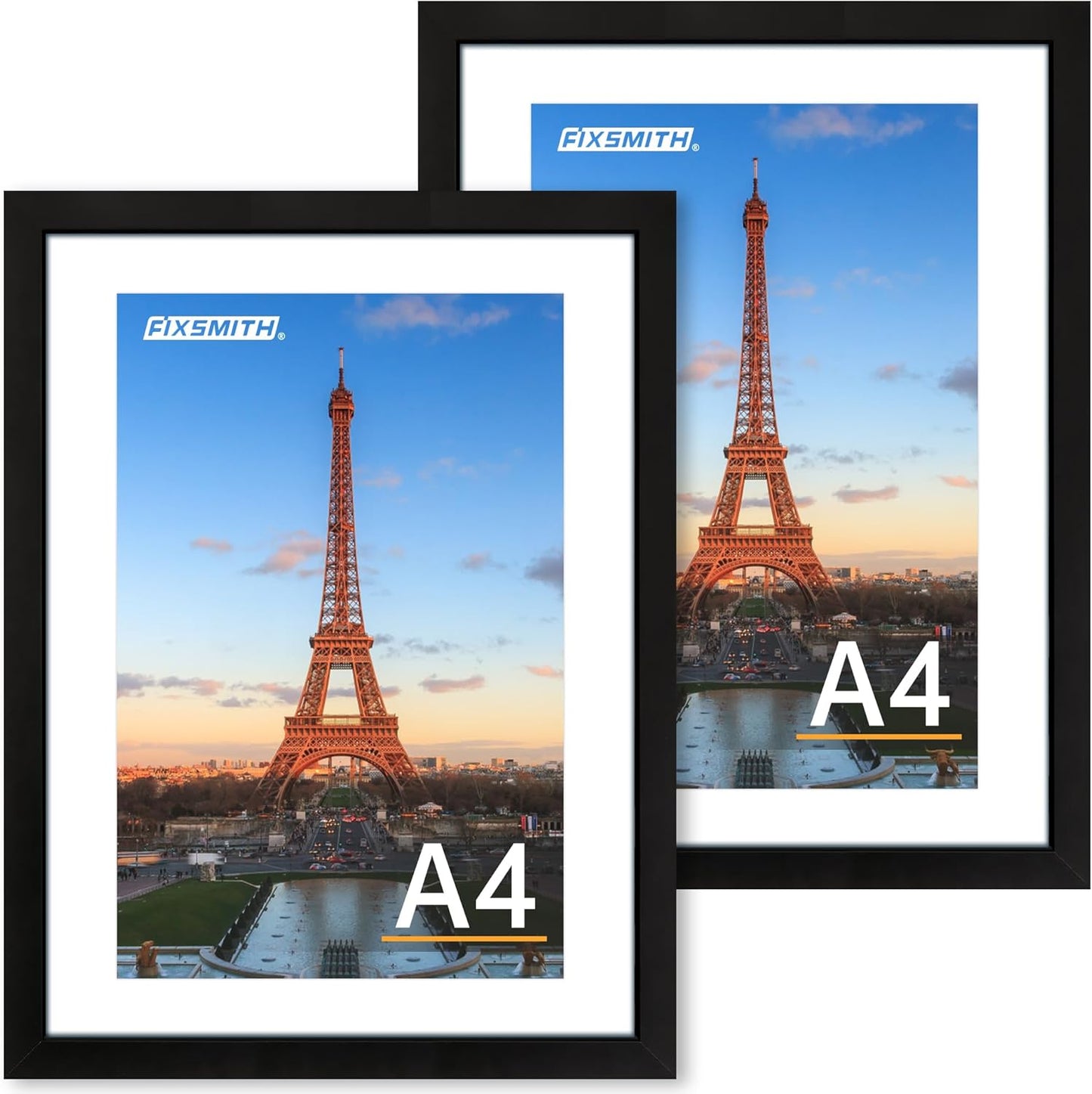 FIXSMITH A4 Picture Frame Set of 2, Black Photo Frame with HD Plexiglass, Display Pictures 6x8 with Mat or 8.3x11.7 Without Mat Multi Picture Frames Collage for Tabletop or Wall Display