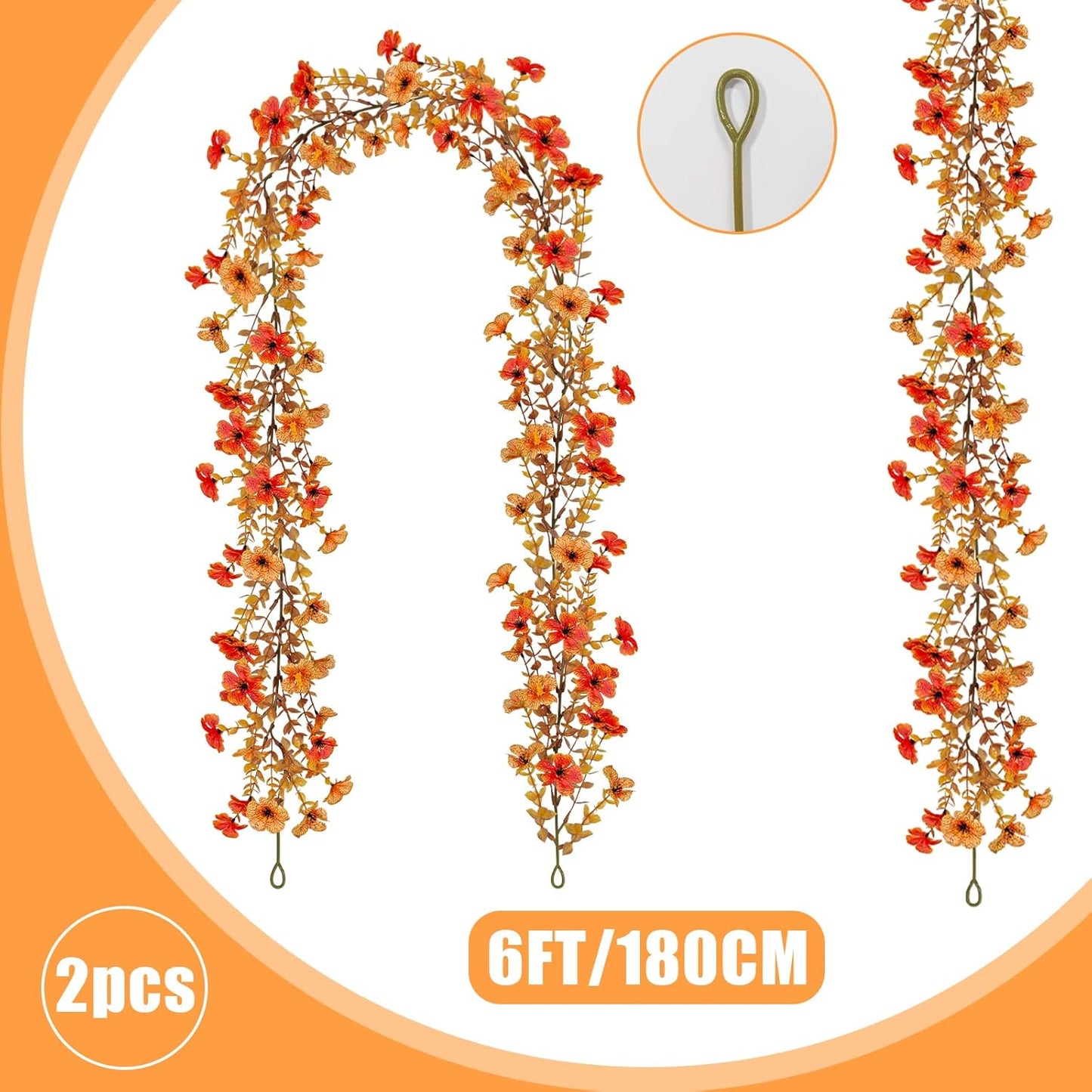 2 Pack Artificial Fall Flowers Garland, 6 FT Fall Decorations UV Resistant Fake Mums Floral Vines Faux Hanging Flower Ivy Garland for Home Party Table Wall Decor (Orange + Autumn Yellow)