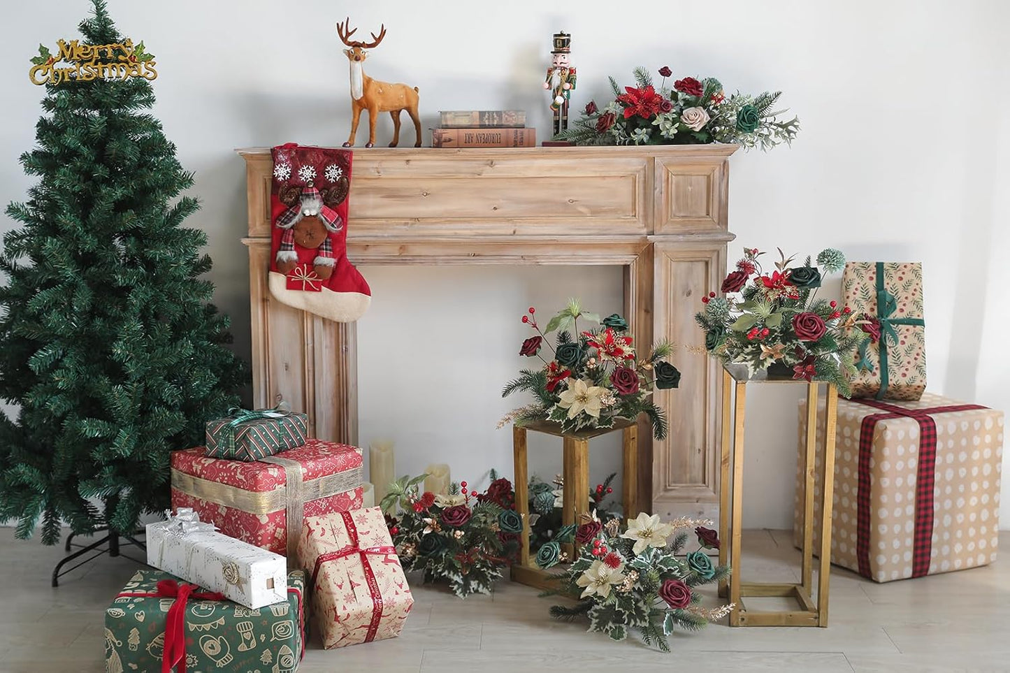 Serra Flora Artificial Christmas Flowers Greenery Combo Box Set Faux Flowers Bulk Flower Leaf with Stems for DIY Tree Ornaments Xmas Wreath Floral Arrangements Centerpieces