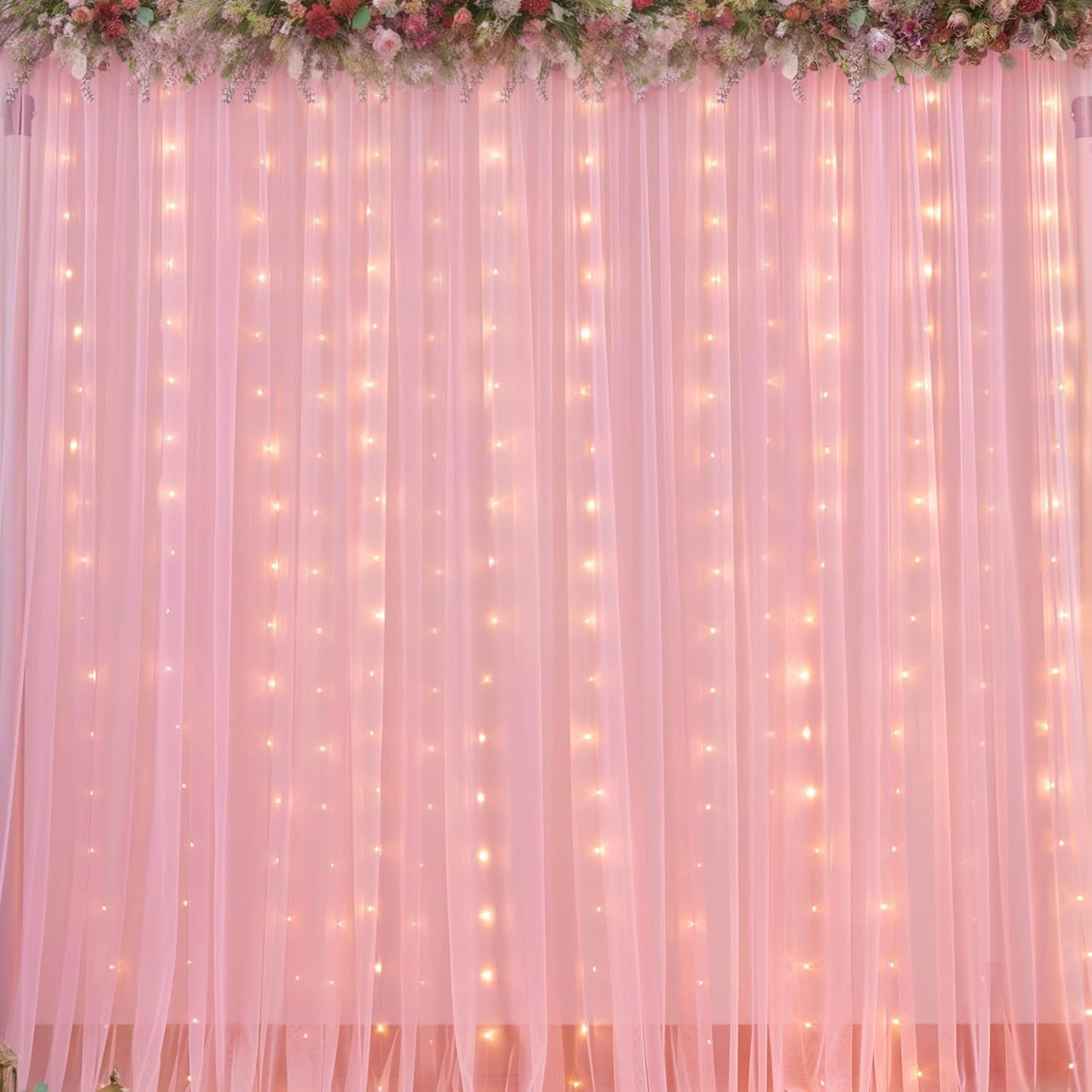 Sheer Backdrop Curtains with Lights String for Weddings Baby Showers, 20x10ft Sheer Tulle Photo Backdrop Curtains for Birthday Party Photography Background Decoration, Pink
