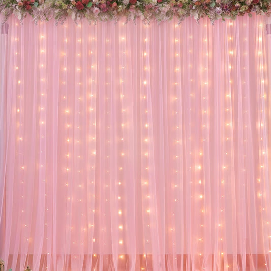 Sheer Backdrop Curtains with Lights String for Weddings Baby Showers, 20x10ft Sheer Tulle Photo Backdrop Curtains for Birthday Party Photography Background Decoration, Pink