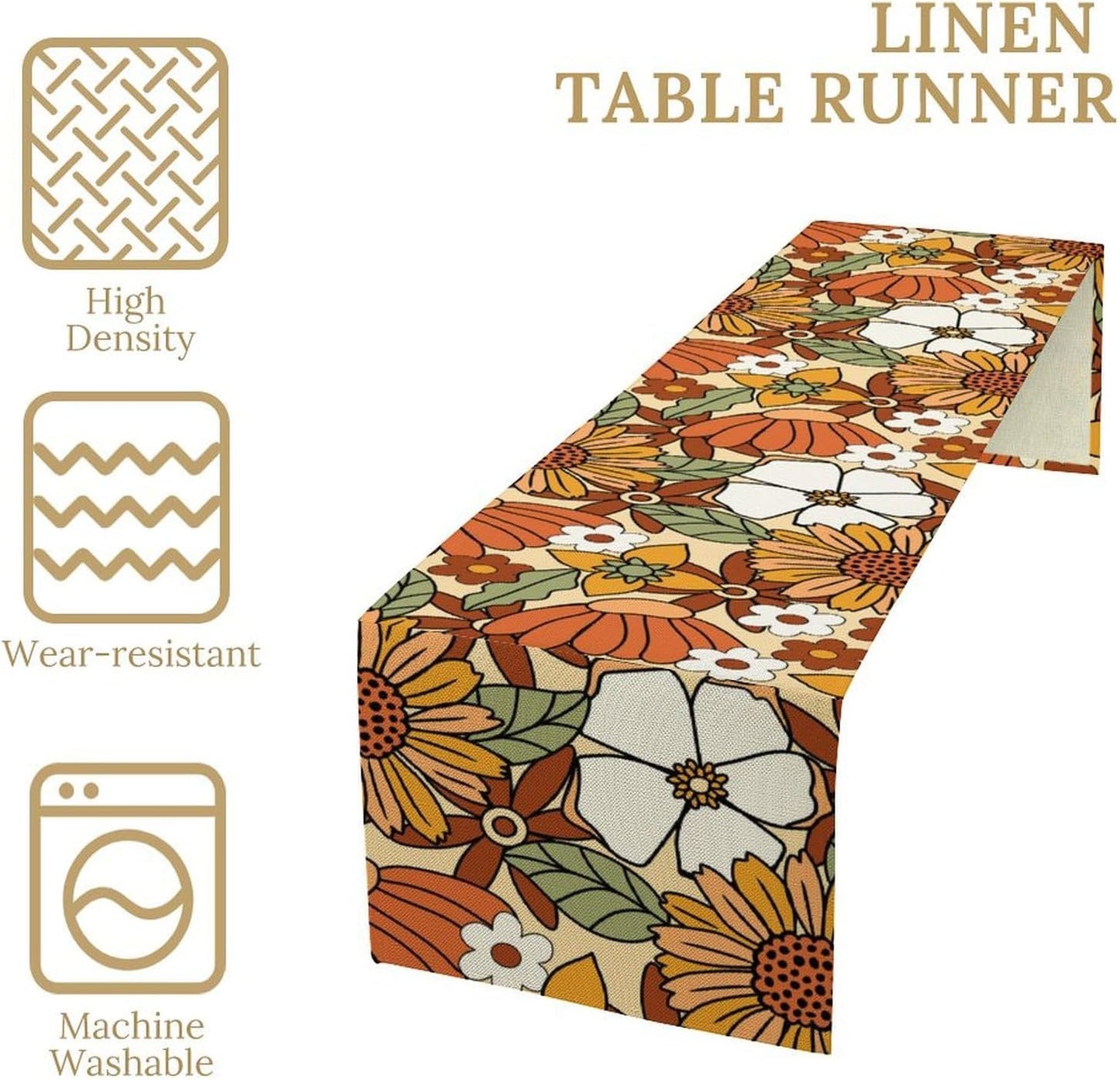 Vintage Floral Table Runner,Boho 70s Style Retro Flower Table Cloth Kitchen Dining Table Home Party Decoration 13x72 Inch
