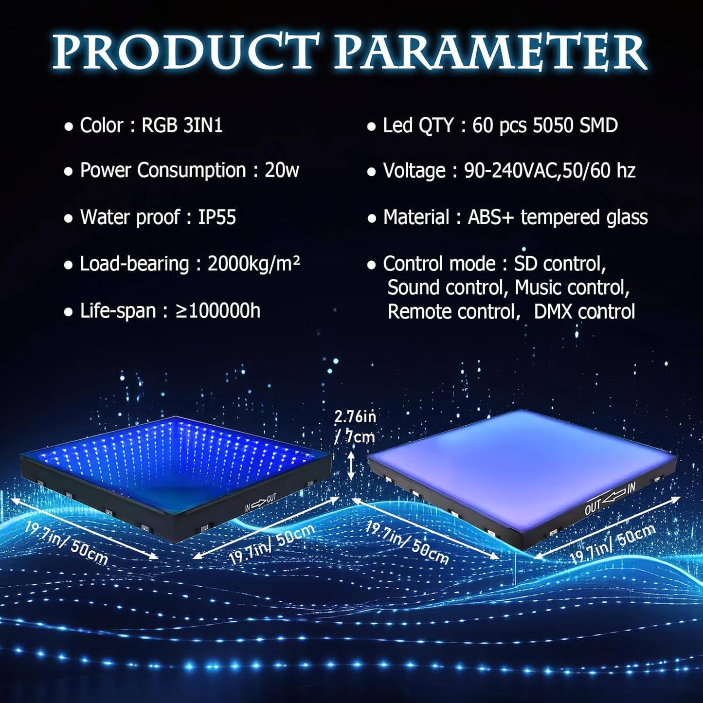 Dance Floor Stage Lights-Tempered Glass with Flight Case - RGB Color Changing Lights for Wedding, Party, Club - Non-Slip (3D&RGB -Magnetic, 20 * 20 FT)