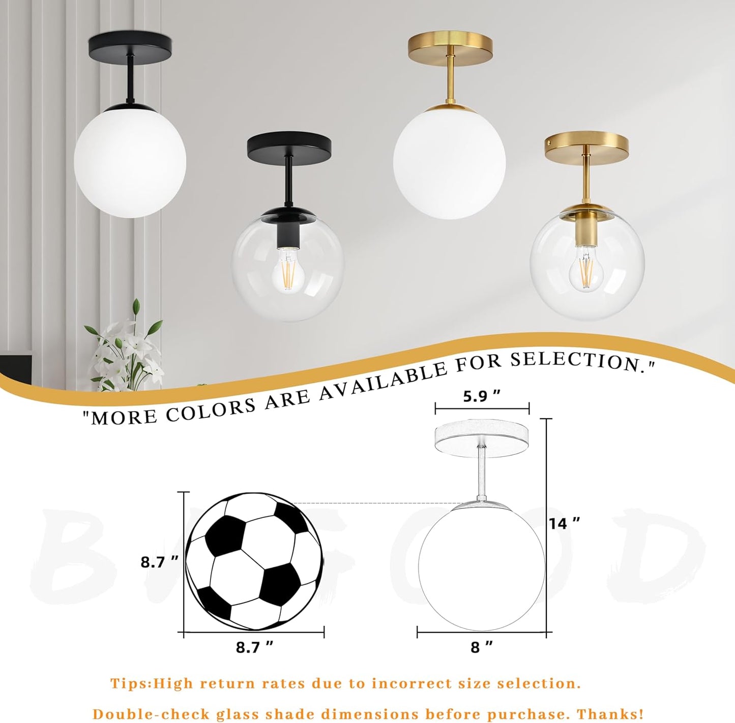 Globe Semi Flush Mount Ceiling Light, Clear Glass with Brass Finish, Contemporary Mid Century Modern Style Lighting Fixture Gold(12W 2700K LED Corn Bulb Included)