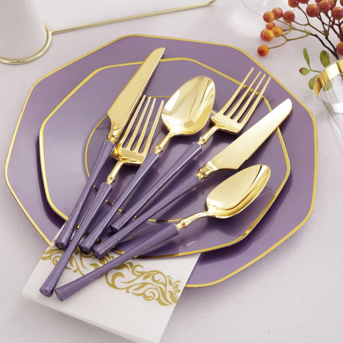 KIRE 140Pcs Purple Plastic Plates with Gold Rim& Gold Disposable Plastic Silverware with Handle&Clear Cups&Hand Napkin- Geometric Purple Plastic Plates for Parties & Mardi Gras plates
