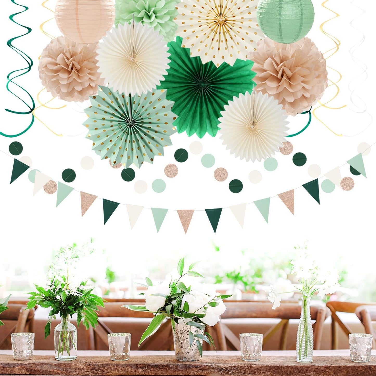 Olive-Sage Green Beige Champagne-Gold Party-Decorations - 33pcs Rustic Banner,Streamers Tassel Garland,Tissue Pom Poms,Paper Lantern Fans,Boho Neutral Baby Shower Birthday Bridal Decor Hugtmr