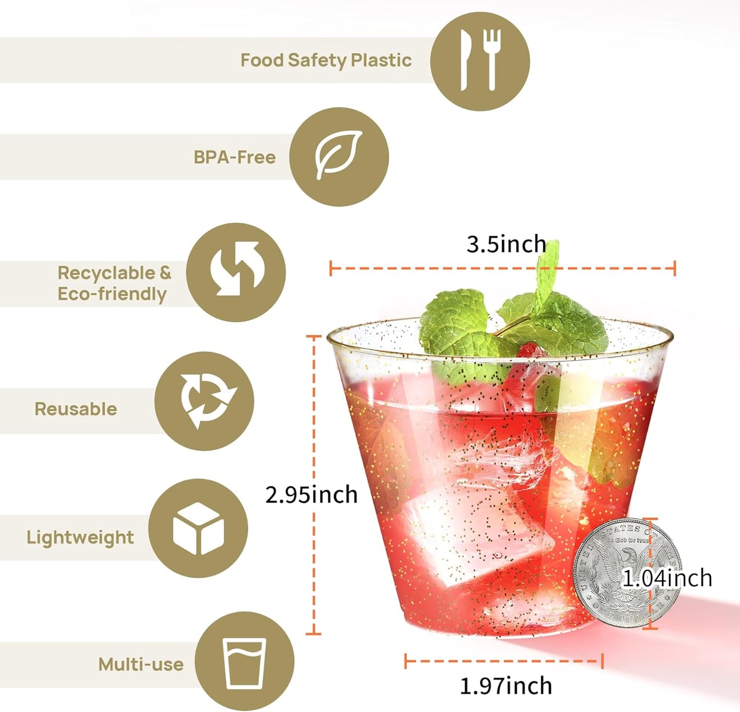 [200 Pack] 9oz Plastic Cups with Gold Glitter Sturdy & Food Safe Plastic Wine Glasses Disposable Cups Party Wedding Cups Cocktail Glasses for Wine, Juice & Cold Beverages