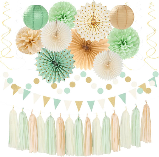 Sage-Green Beige Champagne-Gold Party-Decorations - 33pcs Neutral Women Birthday Baby Shower Banner,Streamers Tassel Garland,Tissue Pom Poms,Paper Lantern Fans,Boho Wedding Bachelorette Decor Hugtmr