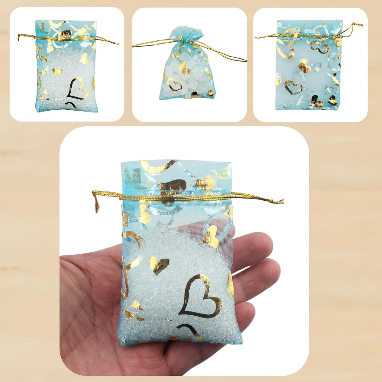 QIANHAILIZZ 100 Pack 2.8 x 3.5 Inch Flower Heart Organza Jewelry Gift Pouch Candy Pouch Drawstring Wedding Favor Bags B511S (turquoise gold heart)
