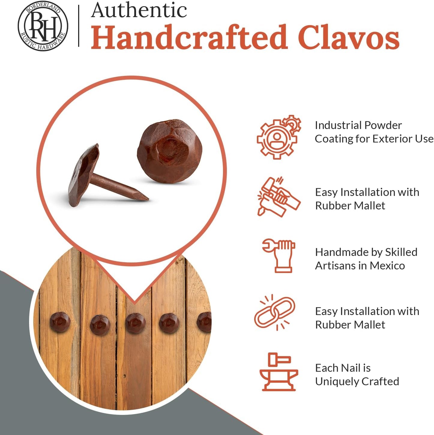 10 Pack 0.75" Round Head Iron Clavos Decorative Nails – Sealed Rusted – Handmade Rustic Round Fasteners for Farmhouse Shutters, Faux Wood, Barn Doors, Shutters, Gates – Ornamental Wood Accent