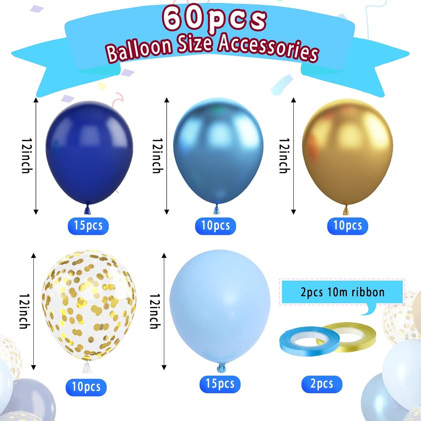 Paready Blue and Gold Latex Balloons, 60 Pcs 12 Inch Navy Blue Metallic Gold Confetti Balloons, Blue Party Balloons for Baby Shower Wedding Anniversary Birthday Theme Party Graduation Decoration