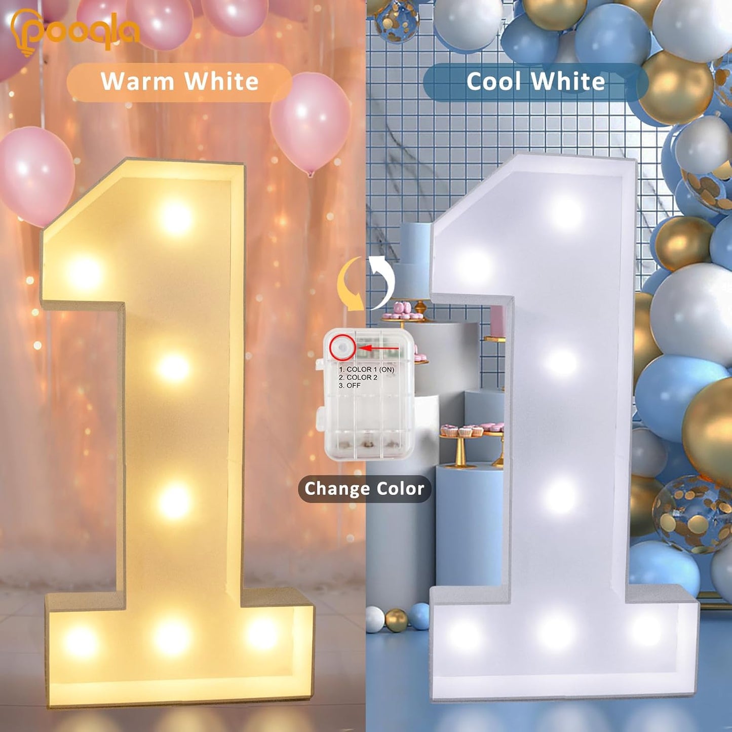 Pooqla 3FT Light Up Marquee Numbers, LED Large Lighted Marquee Numbers for Party Decoration, Giant Mosaic Number for Balloons 1st 16th 21st Birthday Decoration, LED Light Up 1