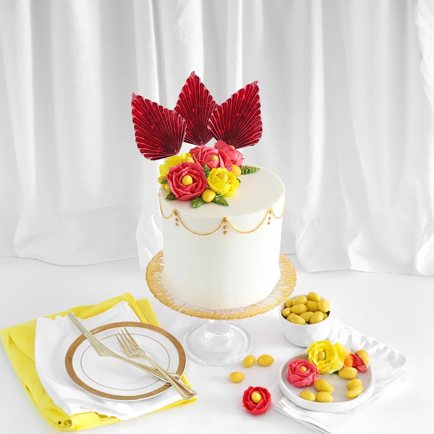 Ephlyn 6Pcs Paper Palm Leaves Fan Cake Toppers Palm Leaf Fan Cake Picks Craft DIY Fan Cupcake Toppers Palm Spear Leaves Cake Decorations for Baby Shower Wedding Birthday Party Supplies Bright Red