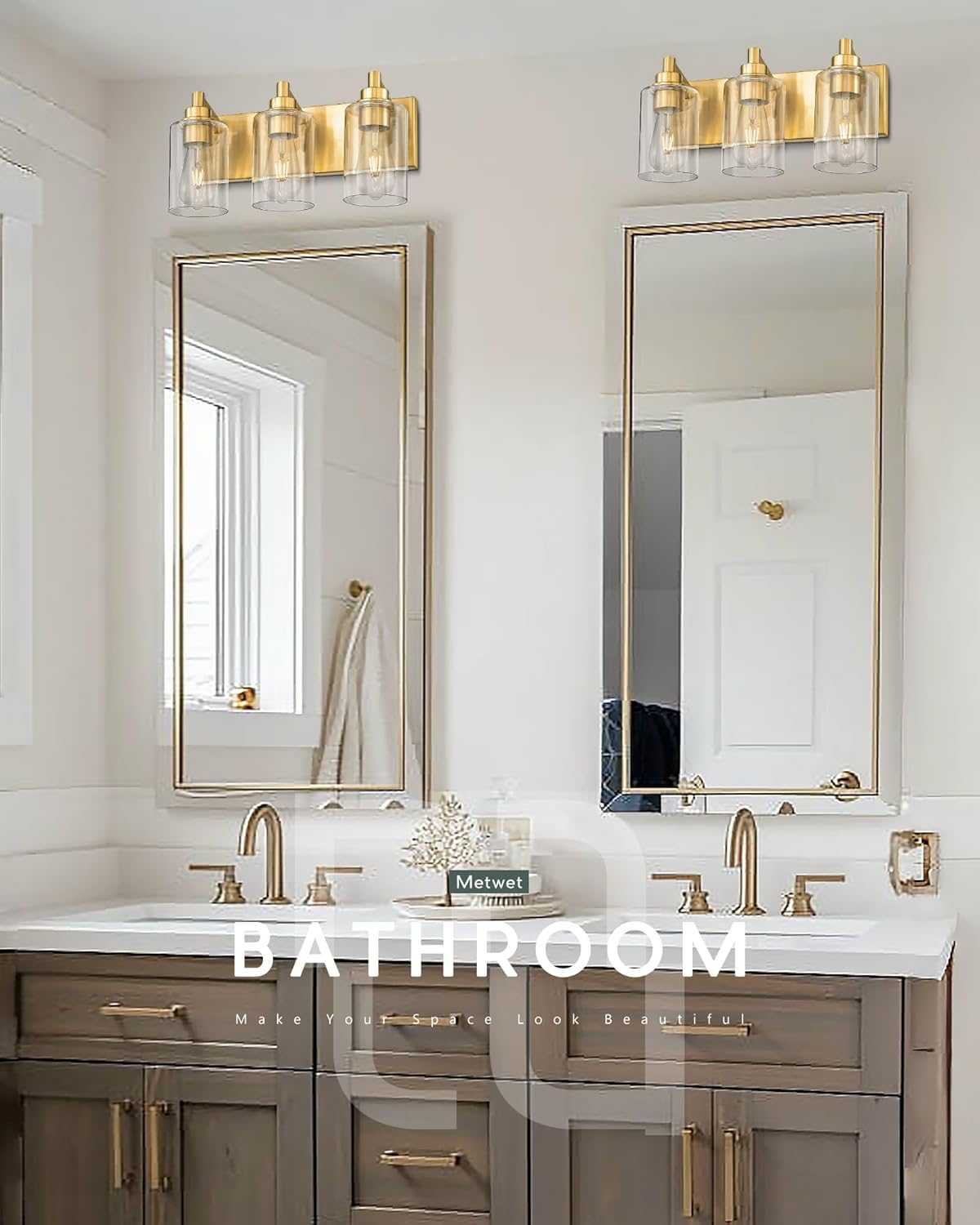 3-Light Bathroom Light Fixtures, Brushed Gold Vanity Light with Cylinder Clear Glass Shade, Modern Vanity Lighting Fixtures Over Mirror, VL143-BG-3