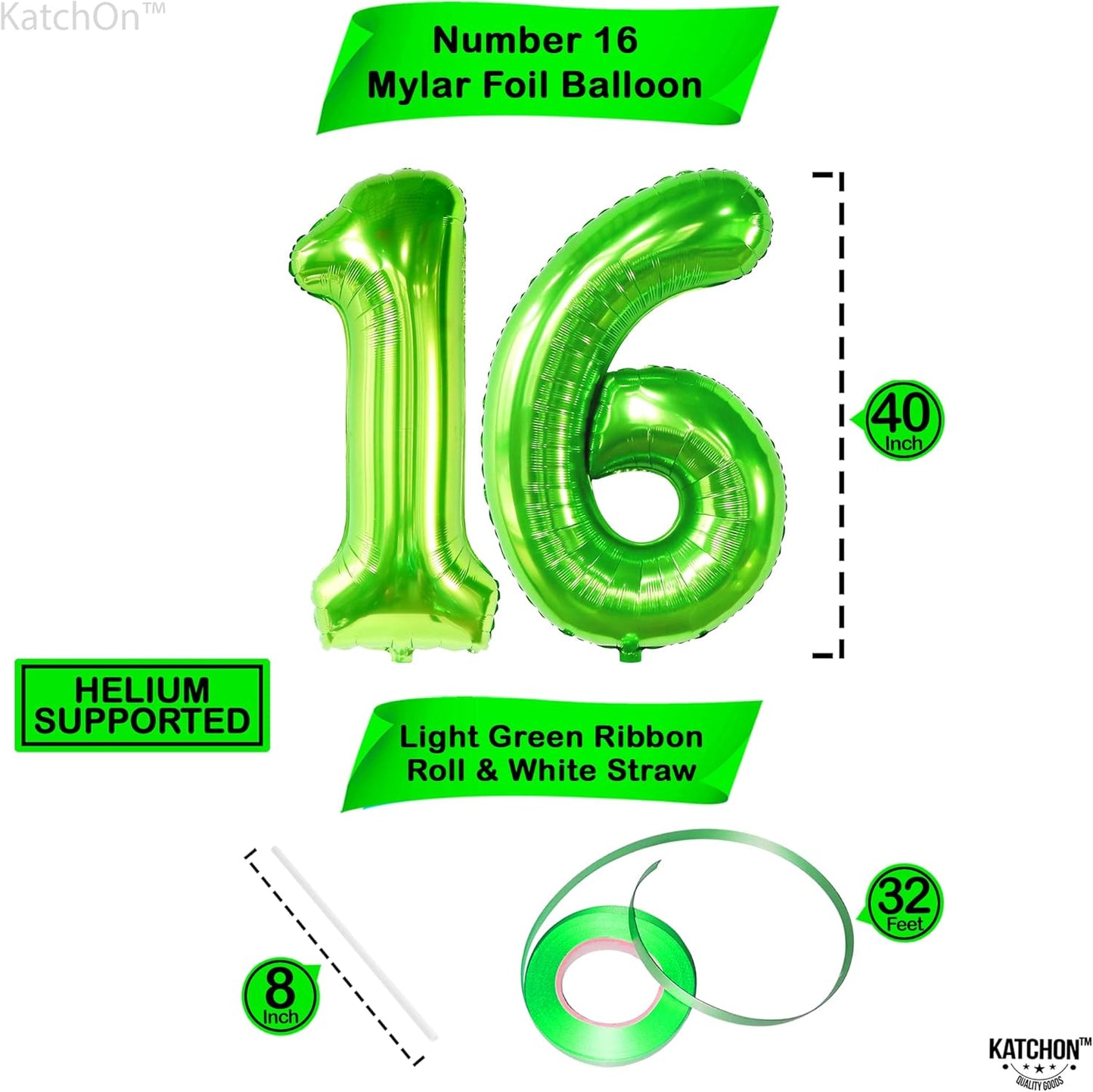 KatchOn Light Green Number 16 Balloon - Giant 40 Inch | 16th Birthday Decorations | Sweet 16 Balloons for Boys