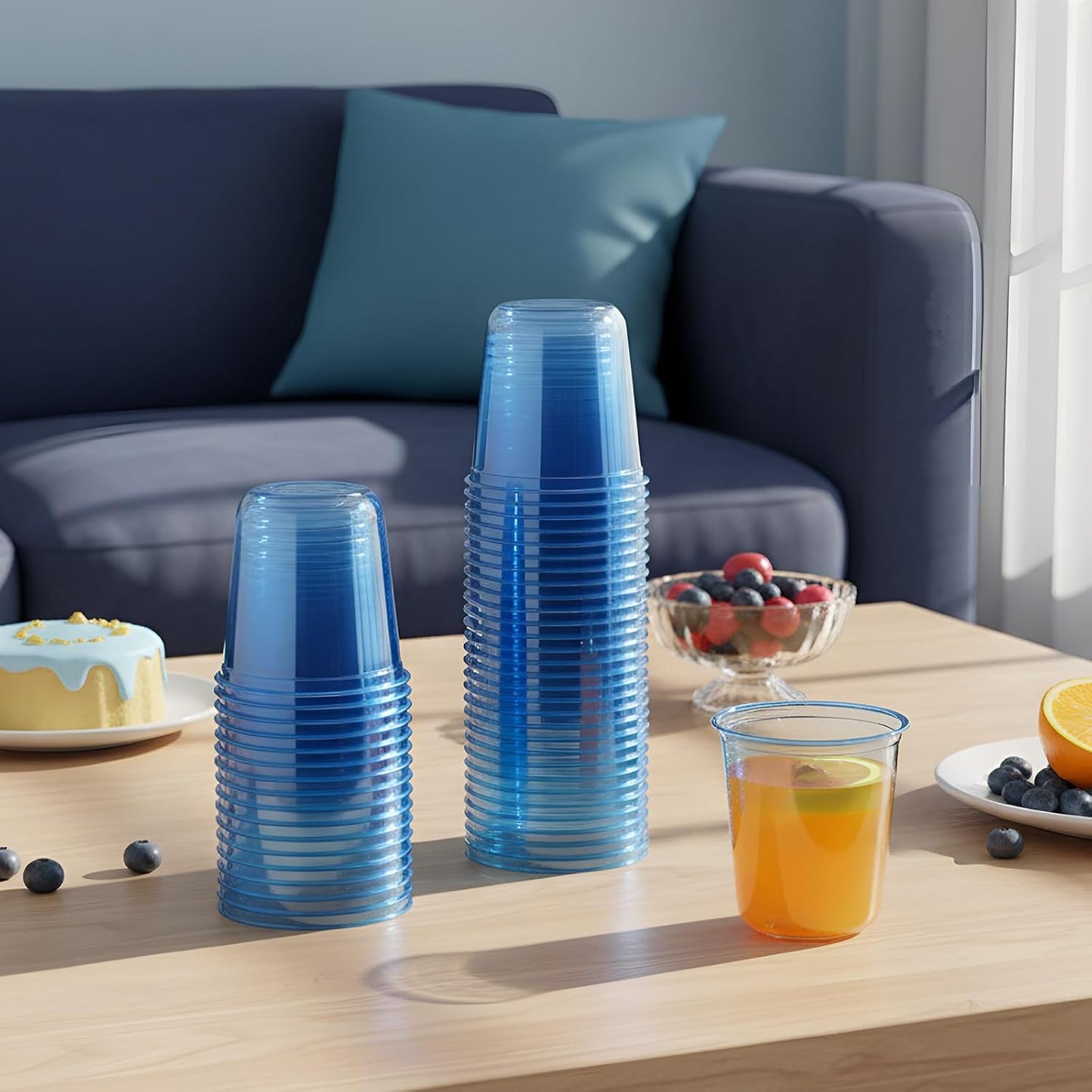 50 Pcs Disposable Stemless Glasses 12oz Crystal Plastic Wine Glasses Clear Classic Pet Cup for Meeting Weddings Birthdays Cocktail Christmas Party Supplies (Light Blue)