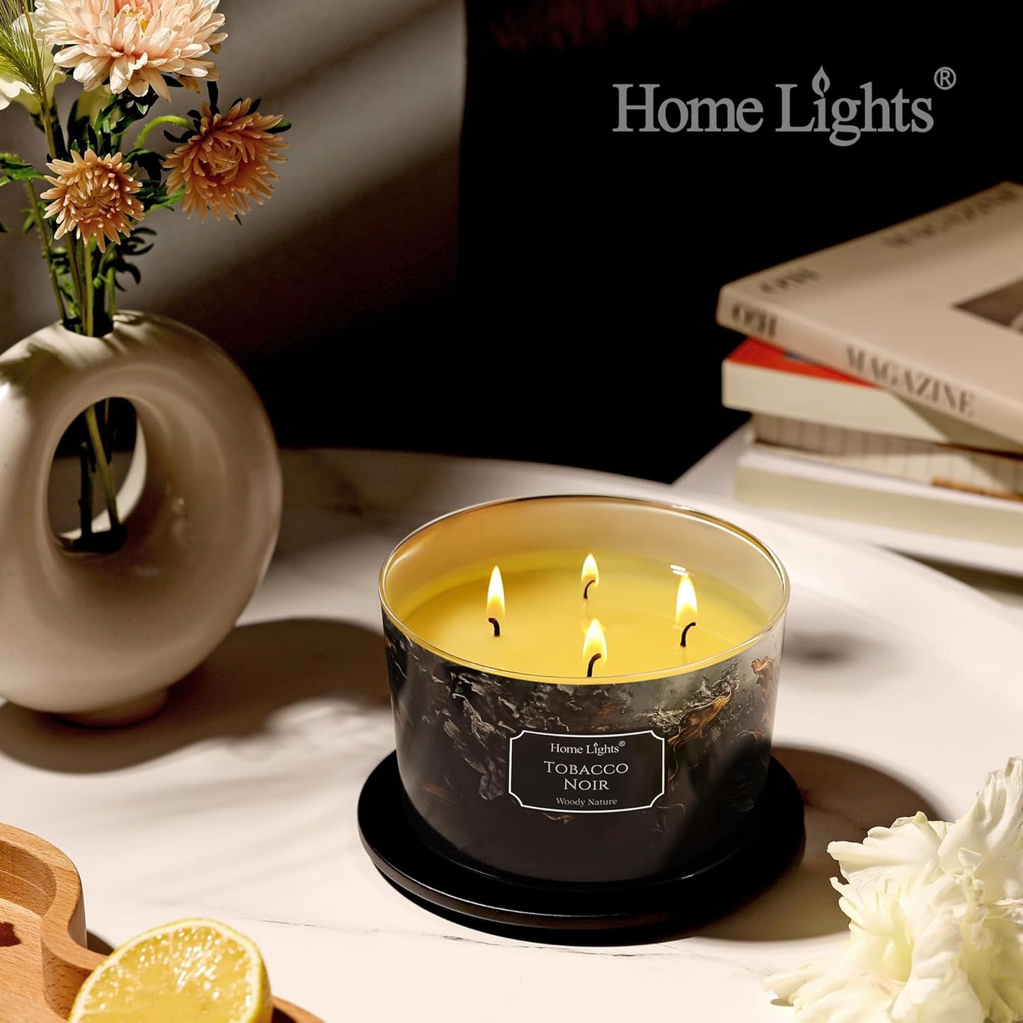 HomeLights Scented Candles for Women & Men, 18oz Candle Jars Aromatherapy 4-Wick Candle, Ideal for Industrial Chic Home Decor and Gifts, Tobacco Noir Fragrance