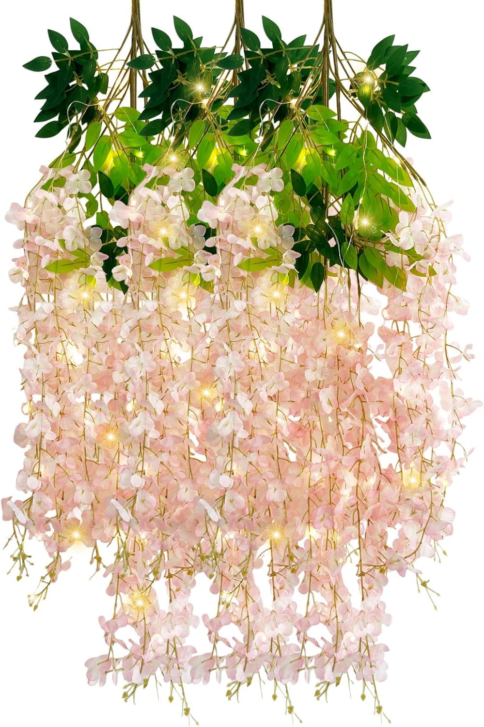 12 Pack Light Pink Wisteria Hanging Flowers Garland with Lights, 3.44 Feet Artificial Flower Vines, Fake Wisteria, Artificial Vines Hanging Garland for Backdrop Outdoor Patio Garden Decor