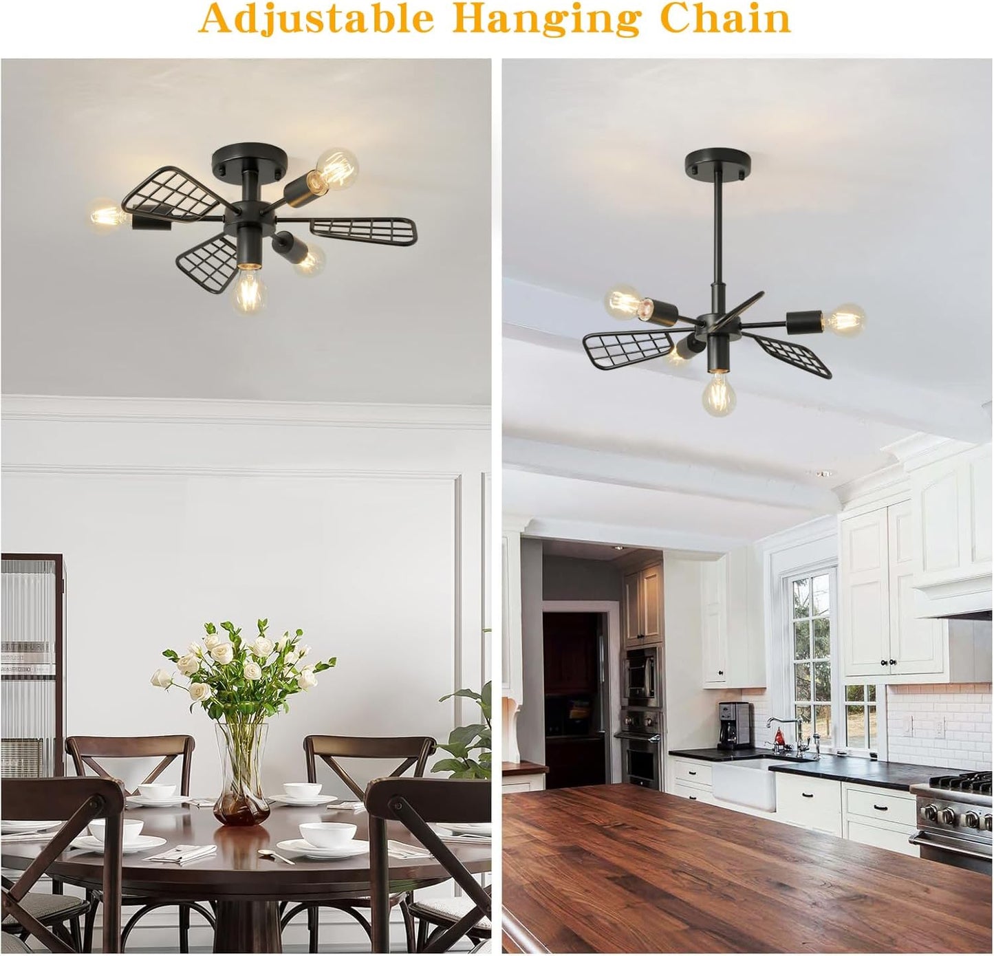 Modern Farmhouse Chandelier,21 Inch Black Metal Geometry Rustic Vintage Semi Flush Mounted Ceiling Light Fixture for Dining Room Bedroom Kitchen Island Hallway Foyer Entryway(4-Light)