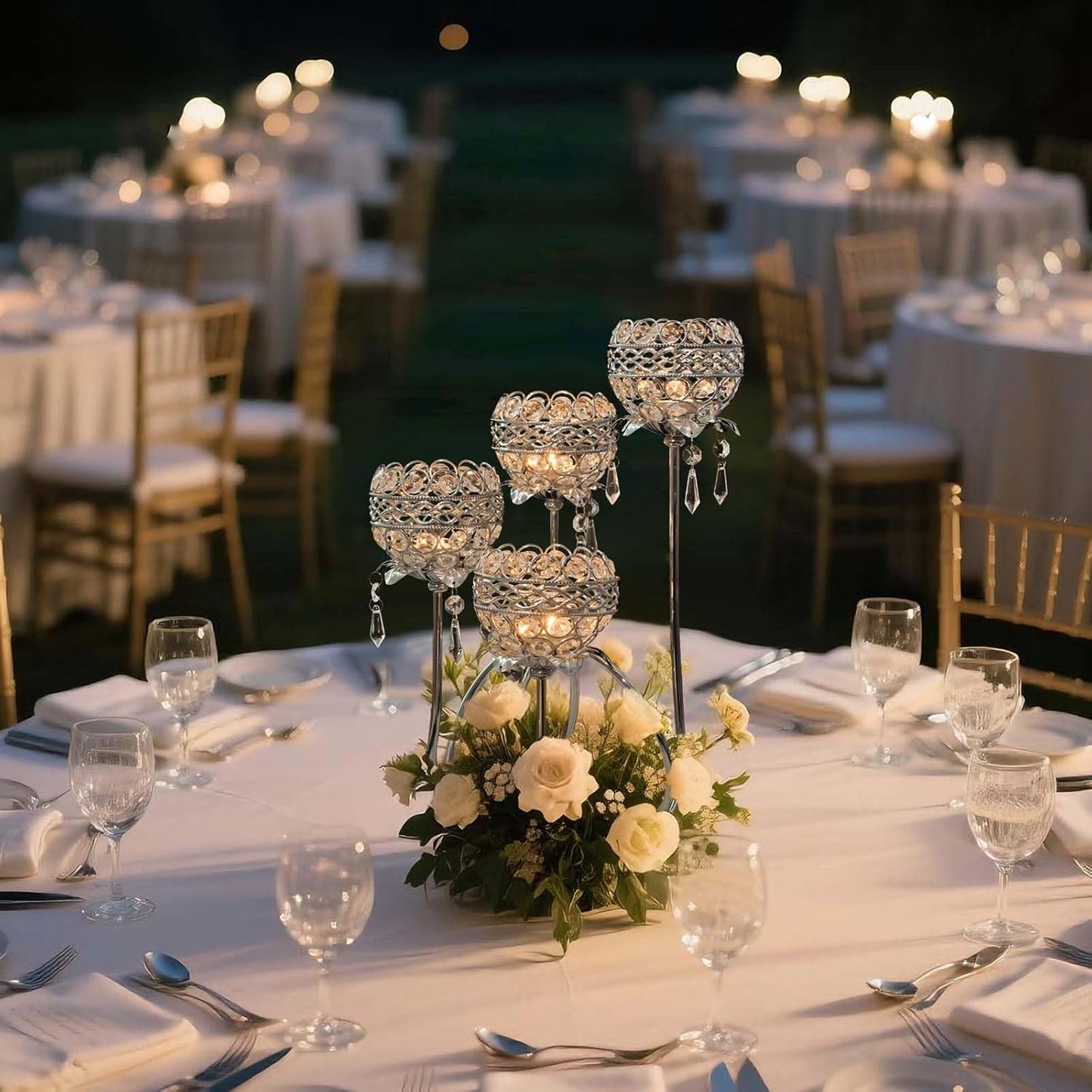 4 Arms Crystal Candelabra Tealight Holder - Tall 15.7 Inch Elegant Tabletop Centerpiece with Crystal Pendant Bowls & Artistic Metal Stand for Wedding, Dining Table, Home Decor (2, Silver)