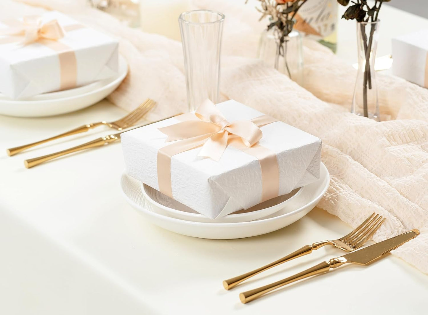 Light Champagne Satin Ribbon 7/8 Inch x 50 Yards Double-Faced Polyester Ribbons for Flower Bouquet Gift Wrapping Party Decor Wedding Invitation DIY Craft