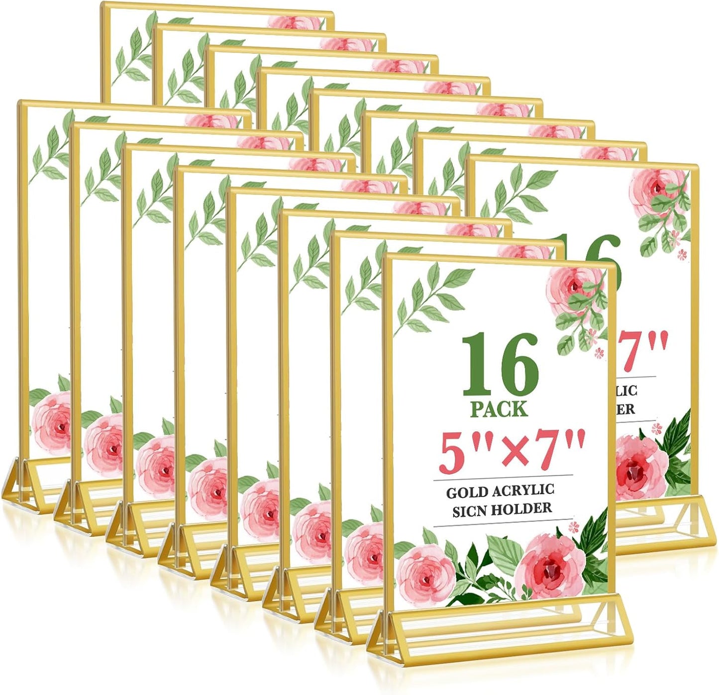 Gold Acrylic Sign Holder 5x7, 16 Pack Wedding Gold Frame Table Number Holders Vertical, Clear Picture Frames Flyer Stands Tables Menu Holder, Double Photo Paper Display Holder for Party, Home, Office