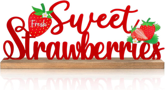 Fresh Sweet Strawberries Metal Sign Rustic Table Decor Summer Tiered Tray Decor with Wooden Base Freestanding Metal Word Sign for Home Tabletop Centerpiece Mantel Shelf Fireplace